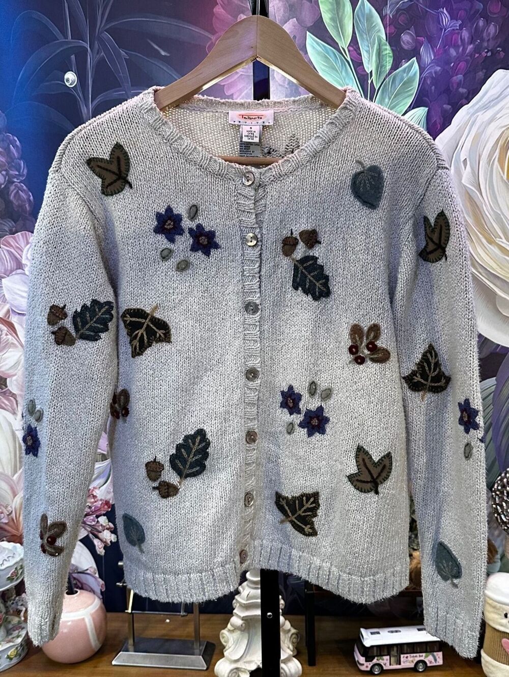 Talbots Petites S Linen Cotton Cardigan Embroidered Leaves Cottagecore Gray